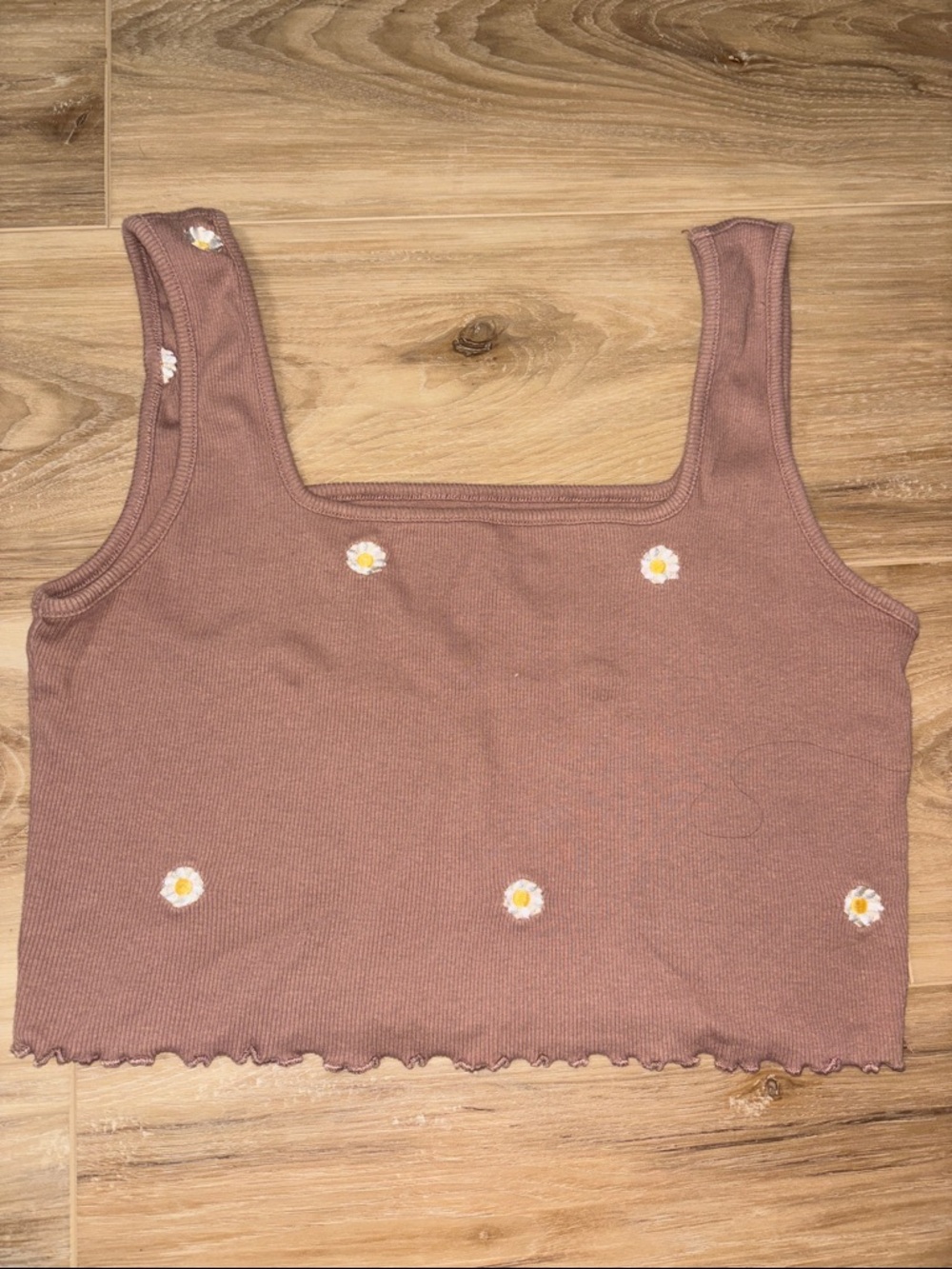 Daisy Embroidered Square-Neck Crop Top in Dusty Brown
